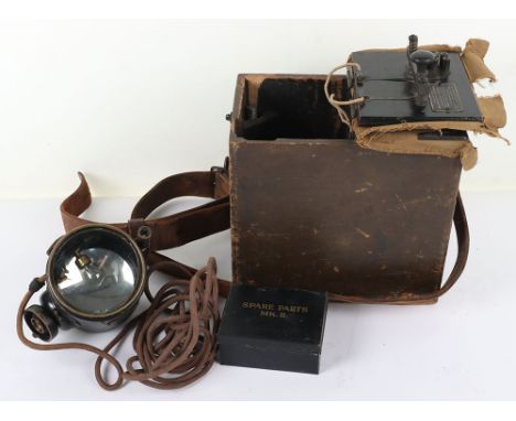 WW1 British 1918 Lucas Signalling Lamp, the lamp is housed in the original wooden storage box with canvas top cover and leath