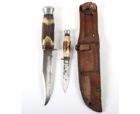 British Hunting Knife by J Milner &amp; Co, Sheffield, with aluminium top pommel, stag horn grip, brass cross guard piece. Bo