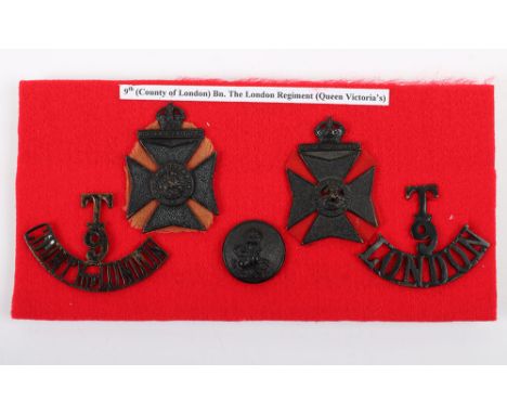Grouping of 9th County of London Battalion (Queen Victoria’s), including other ranks cap badges, blackened shoulder titles an