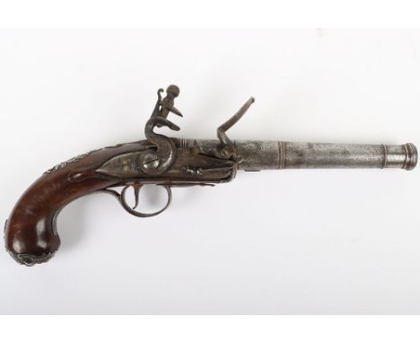 24 Bore Silver Mounted Queen Anne Style Cannon Barrelled Flintlock Holster Pistol c.1775, associated lock and silver side pla