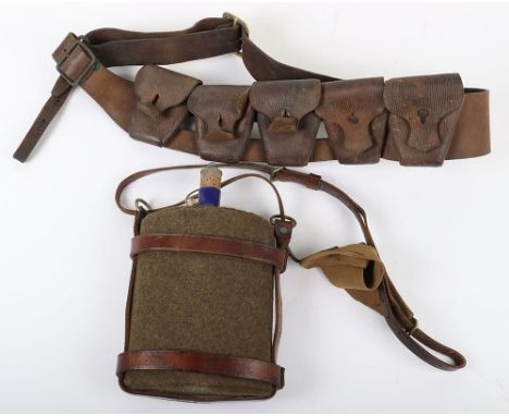 WW1 Water Bottle and Bandolier, blue enamel canteen felt covered in leather harness stamped M.MARVEL WALSALL C&amp;M 1914 and