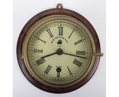 British Brass Ships Bulkhead Style Clock, cream enamel dial with roman numerals in black and inscribed "Made for Royal Navy",