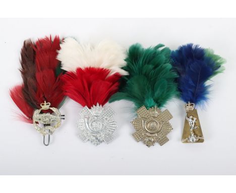 4x British Regimental Pipers Badges and Hackles, consisting of Royal Tank Regiment, Highland Light Infantry x2 and Royal Corp
