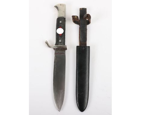 Third Reich Hitler Youth Boys Dagger, with two piece chequered grips having the enamel HJ diamond inserted. Plated pommel and