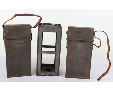 WW1 Trench Lantern, 1914 dated folding trench lantern with brass makers plate and date 1914 and two carrying cases with leath
