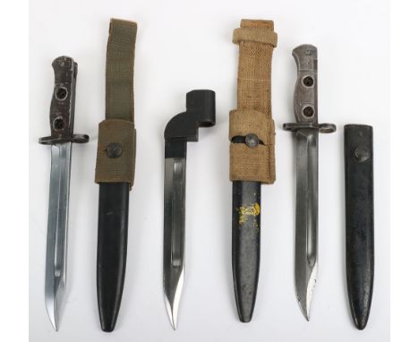 British No9 Mk1 Bayonet, housed in its original scabbard with webbing frog attached. Knife blade with fuller to back edge; 2x