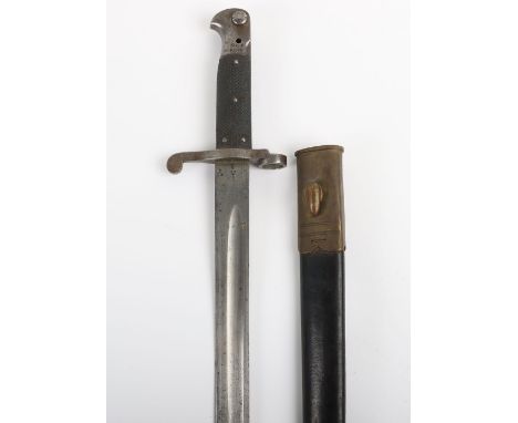 British M-1887 Enfield Bayonet, with two piece chequered grips, steel pommel stamped ‘N E P 8139’ with Oil hole above. Steel 