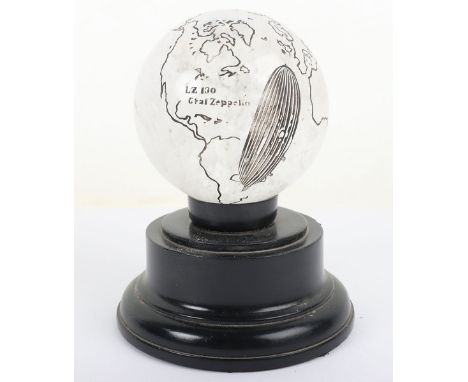 Glass Desk Ornament of LZ 130 Graf Zeppelin Interest, an interesting translucent glass globe etched and blackened with the ou