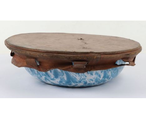 British Officers Campaign Wash Bowl, WW1 period officers enamel wash bowl with leather cover, age related wear. 