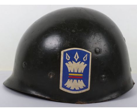 Post WW2 American Helmet Liner, fine example of a M1 helmet liner with insignia of the 157th Infantry Brigade to one side and