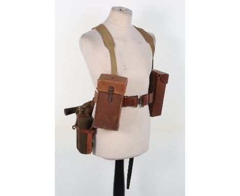 WW2 British Home Guard Equipment Set, consisting of leather waist belt with brass buckle catch, leather ammunition pouches, w