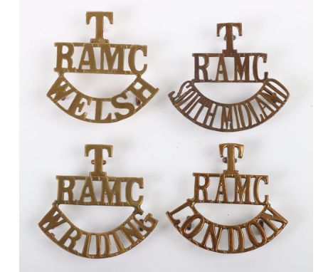 4x WW1 Royal Army Medical Corps Territorial Shoulder Titles, consisting of T/RAMC/LONDON, T/RAMC/W.RIDING, T/RAMC/WELSH and T