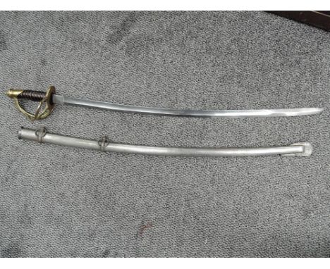 A French Light Cavalry Sabre, brass three bar guard, cross guard and pommel, replacement wire to grip, single fuller blade, n