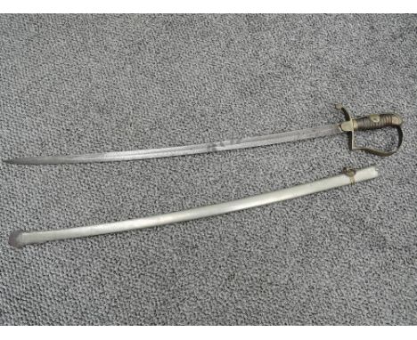 A Turkish Infantry Sword, brass stirrup guard and cross guard, wood &amp; wire grip, engraved blade with crescent moon and st