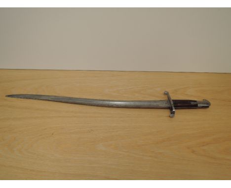 A British 1856 pattern Sword Bayonet, no scabbard, marks on blade and hilt, blade length 58cm, overall length 71cm