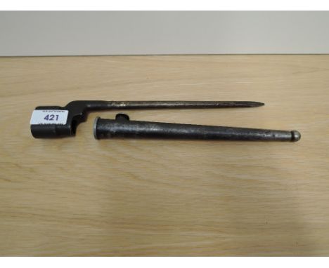 A British No 4 MKII Bayonet for the No 4 Rifle with metal scabbard, blade marked 29908, blade length 20cm, overall length 25c