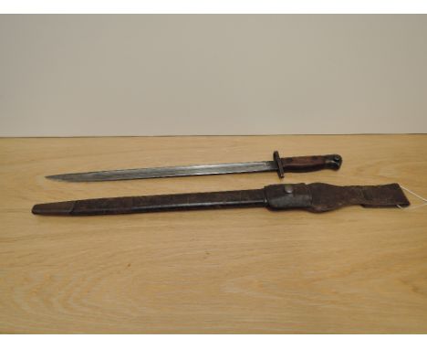 A British Bayonet pattern 1913, marked 1907 Wilkinson and other proof marks with leather scabbard, blade length 43cm, overall