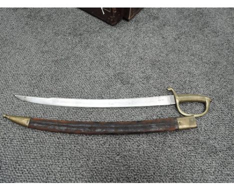An Infantry Sword, possible 1800's with curved blade, solid brass handle and guard, blade marked GF, leather scabbard, blade 