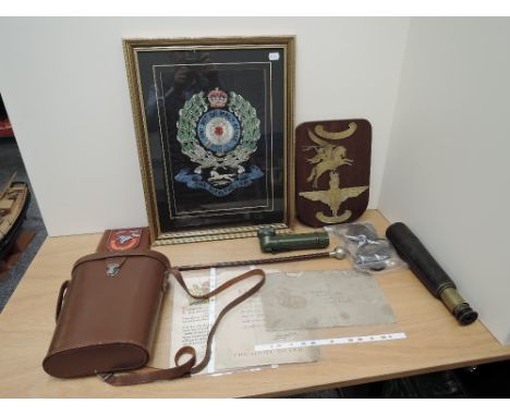 A Collection of Military and similar items including Ross of London Cornwall Binoculars in case, Four Draw Telescope, Swagger