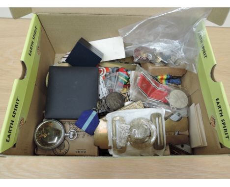 A box of Military and similar Badges and Medals also Pocket Watch with military mark, compass, Masonic Hospital Jewell, Germa