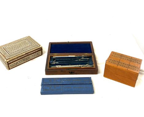 Selection of miscellaneous includes compass set, cut throat razors, inlaid box etc