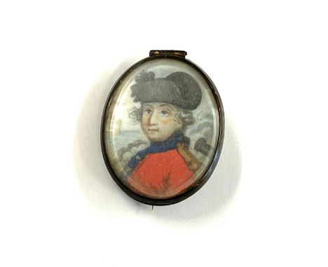 18th Century antique portrait miniature brooch of a military officer, hand painted. Size approx 3.6 cm x 2.8 cm 