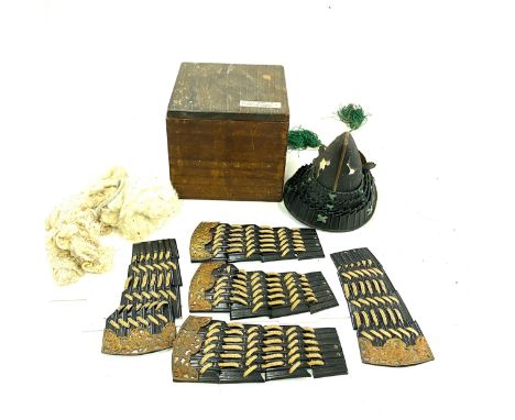 Antique 19th century miniature model of a Japanese Samurai Kabuto helmet in original wooden box- Box measures 13 cm x 13 cm 