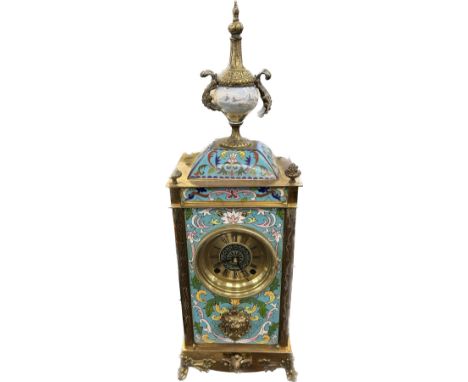 Vintage Oriental 2 keyhole brass and enamel Cloisonne mantel clock, untested, height approx 21 inches, untested 