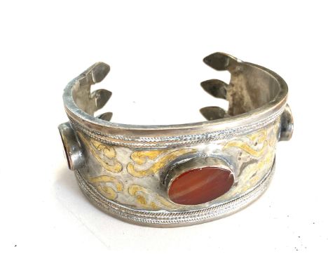 Antique white metal turkmen cuff bangle set with carnelians 