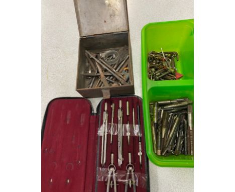 Large selection of vintage and later tools includes cased compass set, drill bits, weights etc 