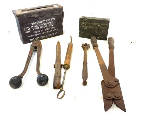 Selection of vintage and later tools includes ammo box etc 