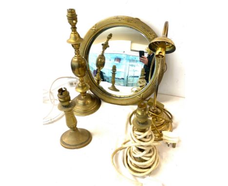 Selection of brass items to include brass framed mirror and brass lamp stands 
