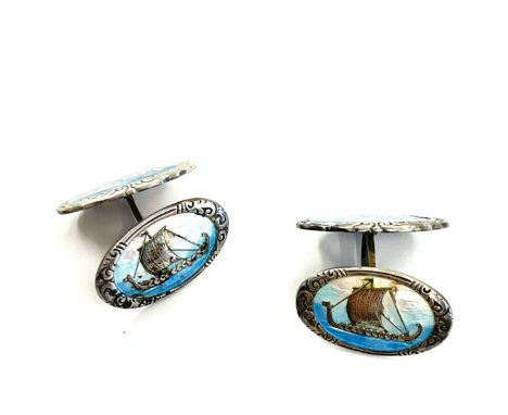 Pair of vintage silver and enamel Norway cufflinks featuring viking long ships 