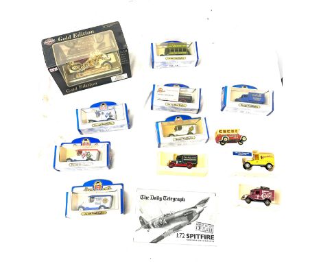 Selection of vintage model cars to include Die-cast Balmoral castle, The Scots Guards and Motor Harley-Davidson cycles gold e