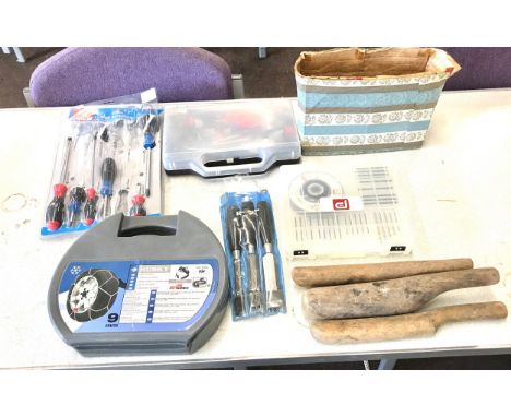 Large selection of assorted tools includes screw drivers chisels etc 