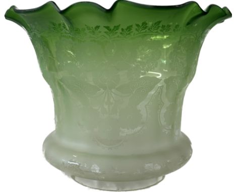 Victorian green glass acid etched floral oil lamp shade with four inch rim 