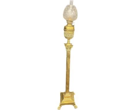 Superb victorian brass corinthian column floor standing oil lamp with etched shade 