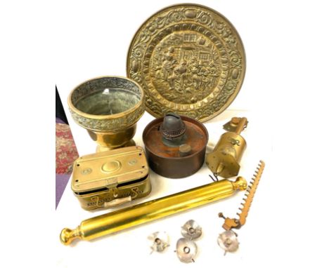 Selection of vintage brass items to include camping cooker, meat jack, heavy brass rolling pin etc 