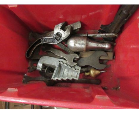 Box containing various tools including adjustable spanners etc