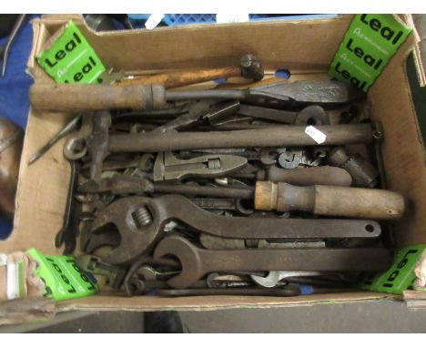 Box: quantity various metal tools including spanners adjustable wrenches calipers etc