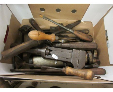 Box: collection various tools including adjustable wrenches etc