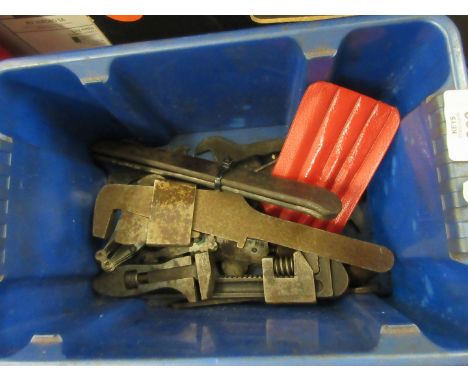 Box various adjustable wrenches and other tools