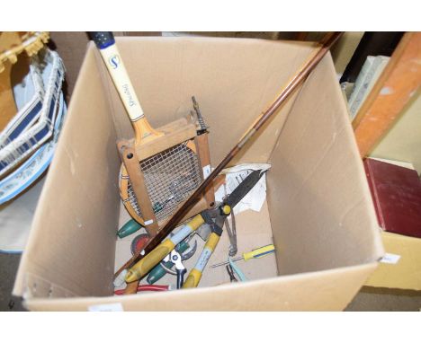 BOX OF MIXED TOOLS, TENNIS RACKET ETC