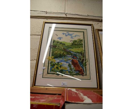 FRAMED TAPESTRY PICTURE OF A RIVER SCENE WITH KINGFISHER