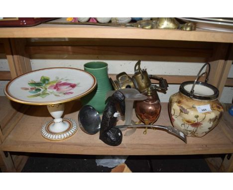 MIXED LOT ROSE DECORATED TAZZA, SMALL COPPER TEA CADDY, BISCUIT BARREL, CARBIDE LANTERN ETC