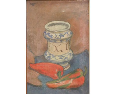 Heinrich MÜLLER (1885-1960), Stillleben mit Albarello und zwei Paprikaschoten, Öl auf Leinwand, o.li. sign. und dat. 1914, Ma