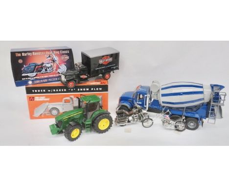 Quantity of Various Large Scale Vehicle Models Including GMC Truck / Snowplow, Concrete Mixer, Tractor, also some motorbikes.