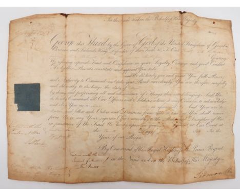 1814 6th Garrison Battalion Officer’s Vellum Commission.  This vellum commission, appoints Captain Wade Rothwell to be a Majo