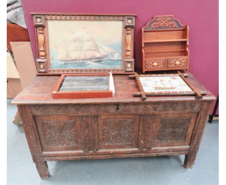 18th Century Three Panel Oak Coffer. This example with three carved panels to the front. PLEASE NOTE reconstructed. ... Accom