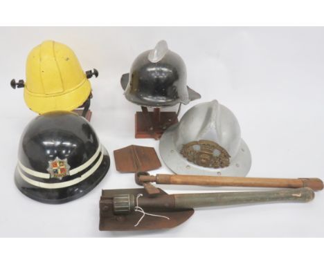 Two Fire Brigade Helmets consisting French post WW2 silver fibre high crown helmet.  Front brass “Sapeurs Pompiers Nice” Fire